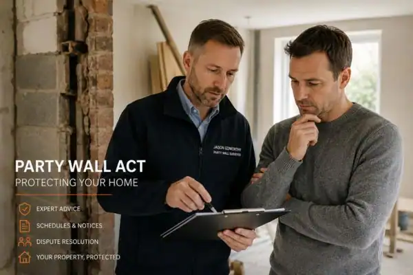 Party wall surveyor Gerrards Cross discussing extension plans with homeowner outside a UK semi-detached house.